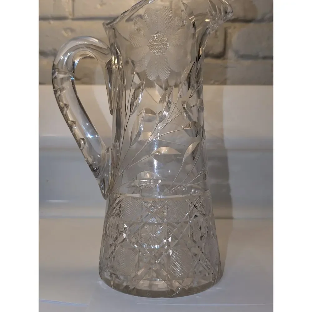 Antique American Brilliant Period Cut Water Pitcher Etched Daisy Diamond 11.5